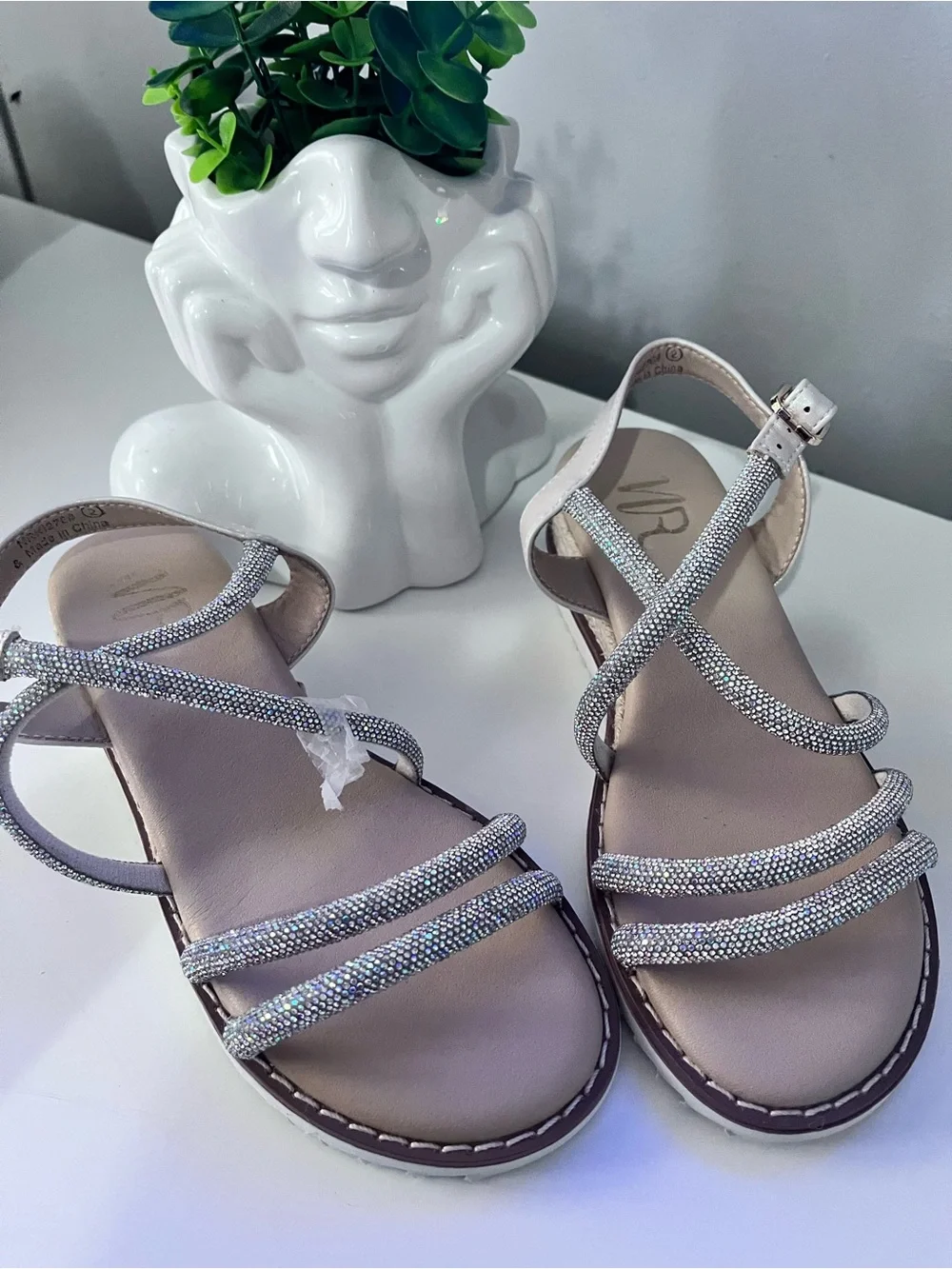 Girls' Sparkle Nude T-Strap Sandals with Rhinestone Straps